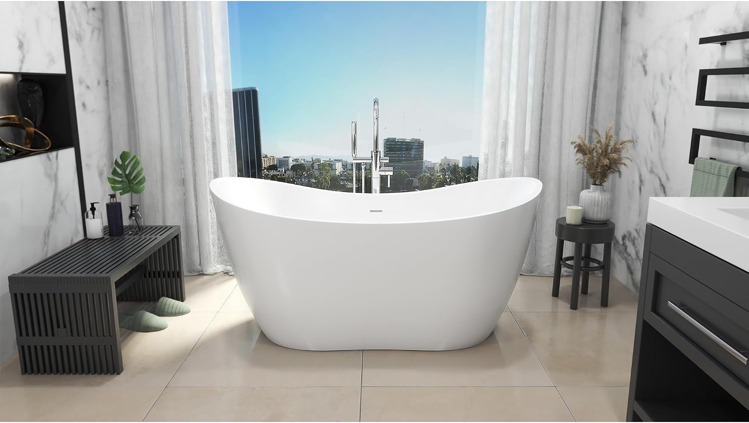 DreamLine Nile 54 inch L x 28 3/8 inch W x 28 3/8 inch H Freestanding Acrylic Bathtub with Brushed Brass Drain