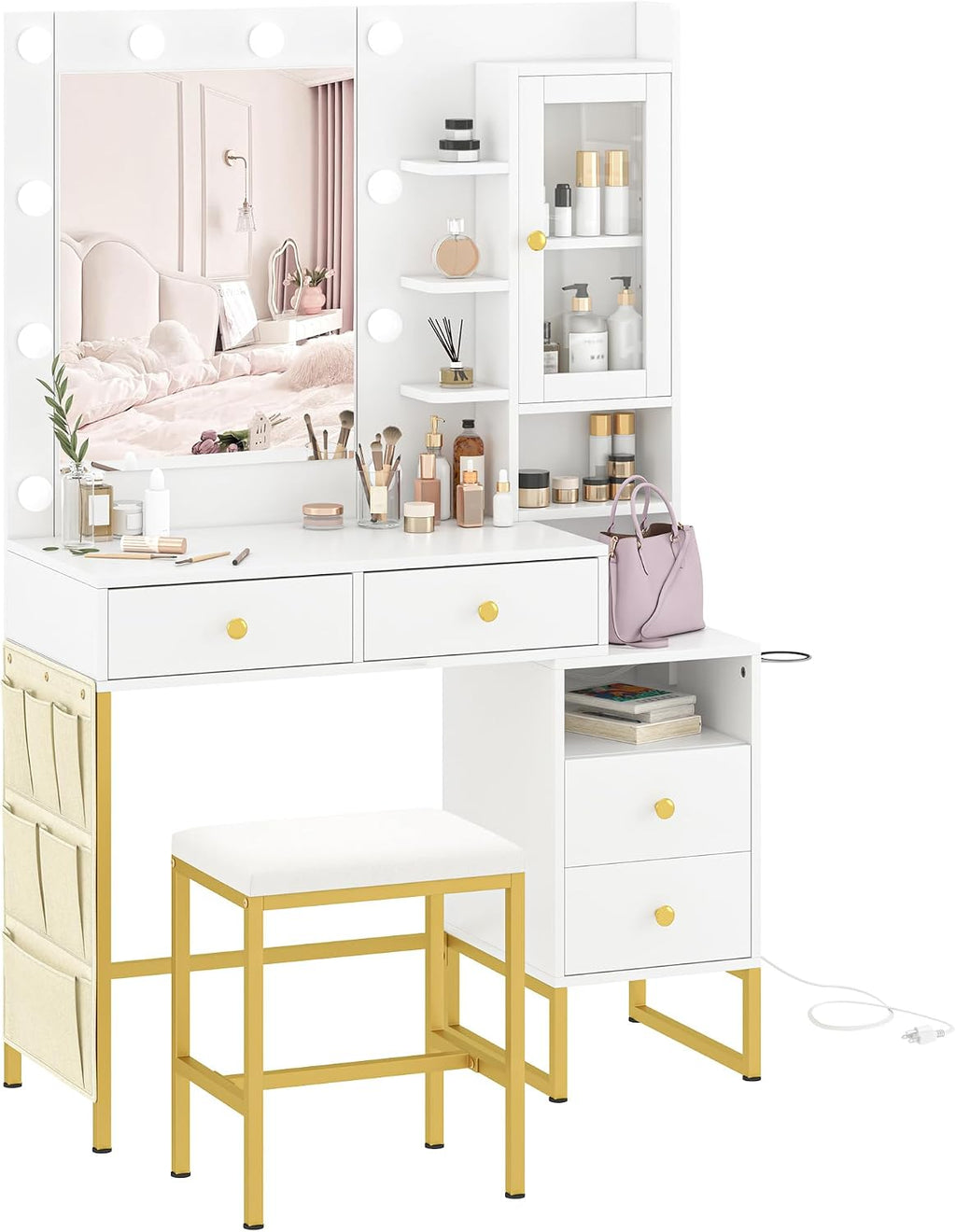 YIKEHOME Makeup Vanity Desk with Mirror, LED Lights and Power Outlet Vanity Table Set with Large Drawers and and Charging Station for Bedroom Dressing Room White