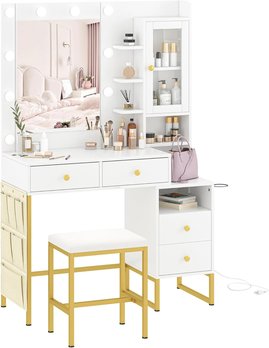 YIKEHOME 41' W Vanity Desk with Mirror, Makeup Vanity Set with Power Outlet and Comfortable Bench, Women Vanity for Bedroom White