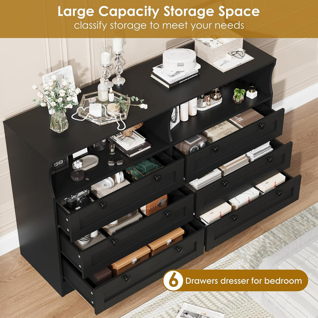 GarveeLife Black Dresser for Bedroom with 6 Drawers, Large Wooden Bedroom Dressers with Power Outlet and Led Lights, 55 in Wide TV Dresser, Wood Modern 6 Drawers Dressers & Chests of Drawers for Room