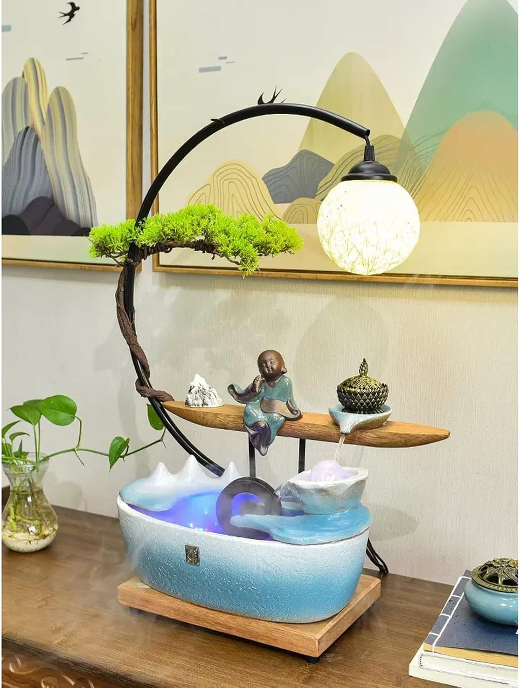 Tabletop Fountain Indoor Fountain Zen Meditation Desktop with Rattan Ball Lamp and Incense Burner Relaxation Waterfall Fountains Water Feature Tabletop for Home Office Decor