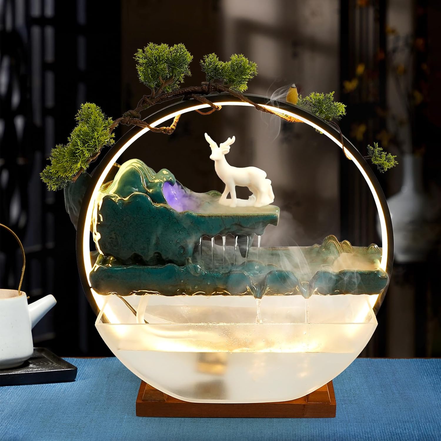 Tabletop Water Fountains, Indoor Waterfall with Round LED Light & Mist Maker & Fish Tank, Water Feature Feng Shui Decor for Meditation Entrance, L17.3*D5.3*H16.5in