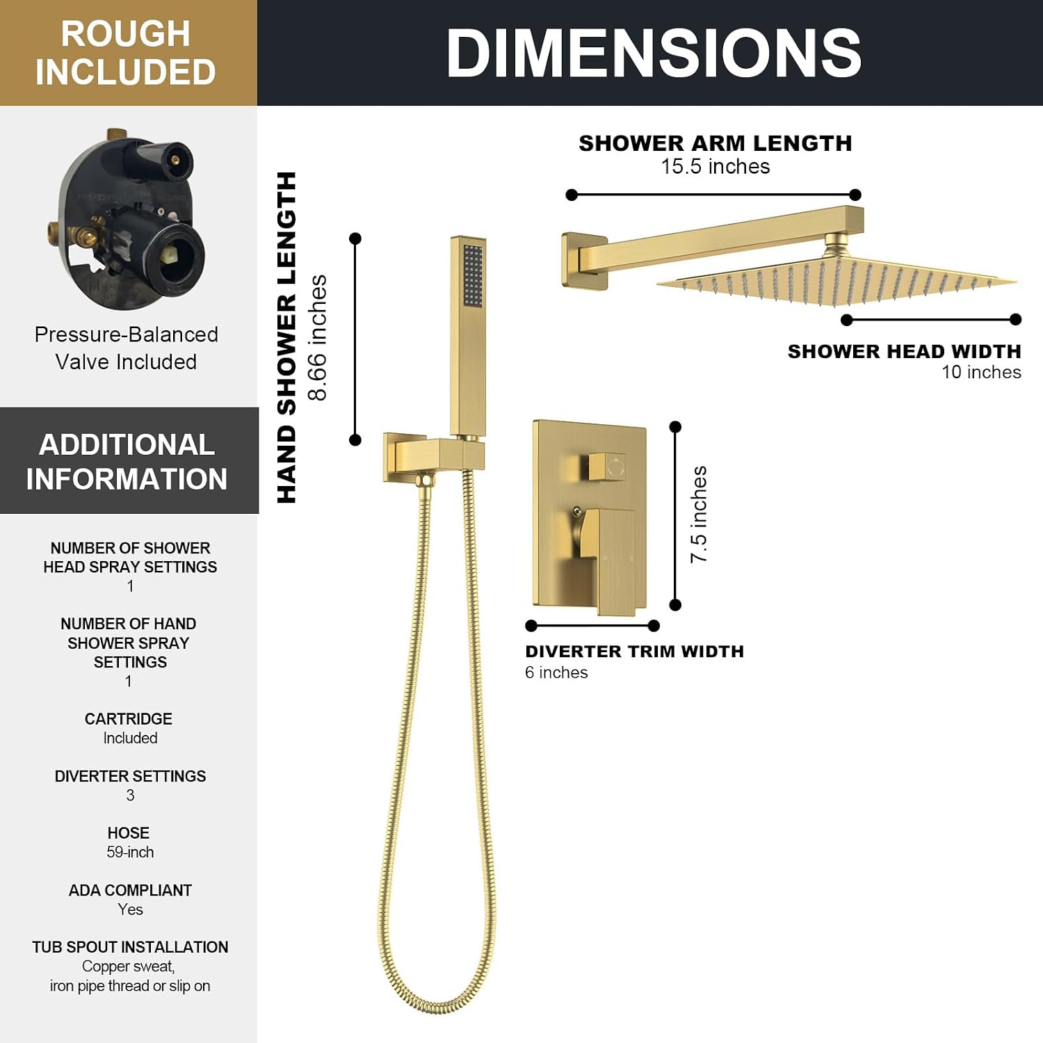 Lava Odoro 2-Setting Rainfall Shower Faucet Set and Bathroom Faucet Gold, Gold Shower Sytem with Rough-in Valve, Brushed Gold