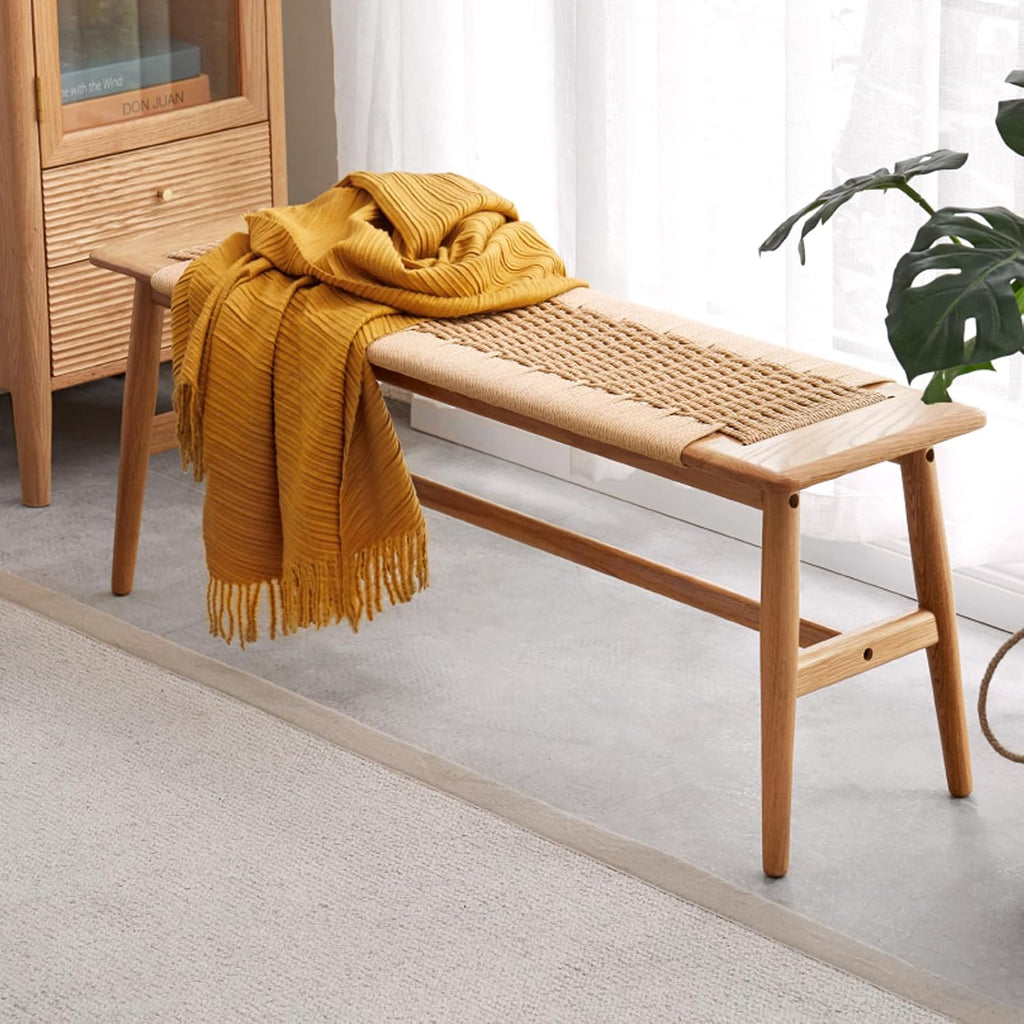 100% Solid Oak Farmhouse Entryway Bench, Wooden Bench Indoor with Hand Woven Rope Surface Design, Wood Bench for End of Bed with Solid Structure(Natural, 43.31' Wx11.81 Dx15.98 H)