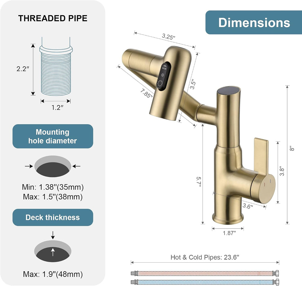 Lefton Rotatable Bathroom Faucet BF2204 with Pop-up Bathroom Sink Drain Stopper Without Overflow D01 (Contemporary, Brushed Gold)