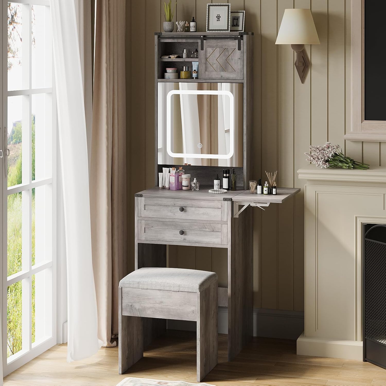 ARTETHYS Farmhouse Small Vanity Desk Set with Mirror Cabinet Compact Makeup Vanities Set with 3 Adjustable Lights and Storage Chair for Compact Space, Gray Dressing Table with Fold-up Panel