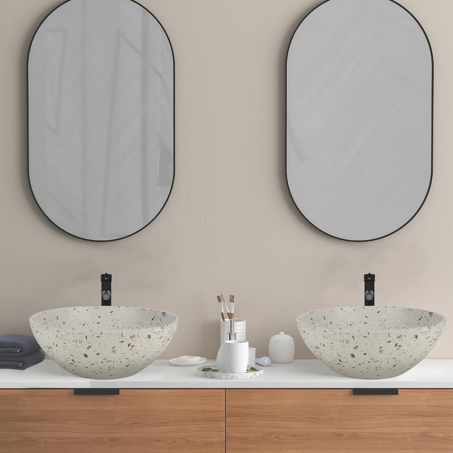YIMAI Terrazzo Vessel Sink with Faucet and Drain, 15.7' Round Concrete Bathroom Sink Above Counter, Modern Artisanal Wash Basin Bowl with Matte Finish, Easy Install Combo Set for Vanity