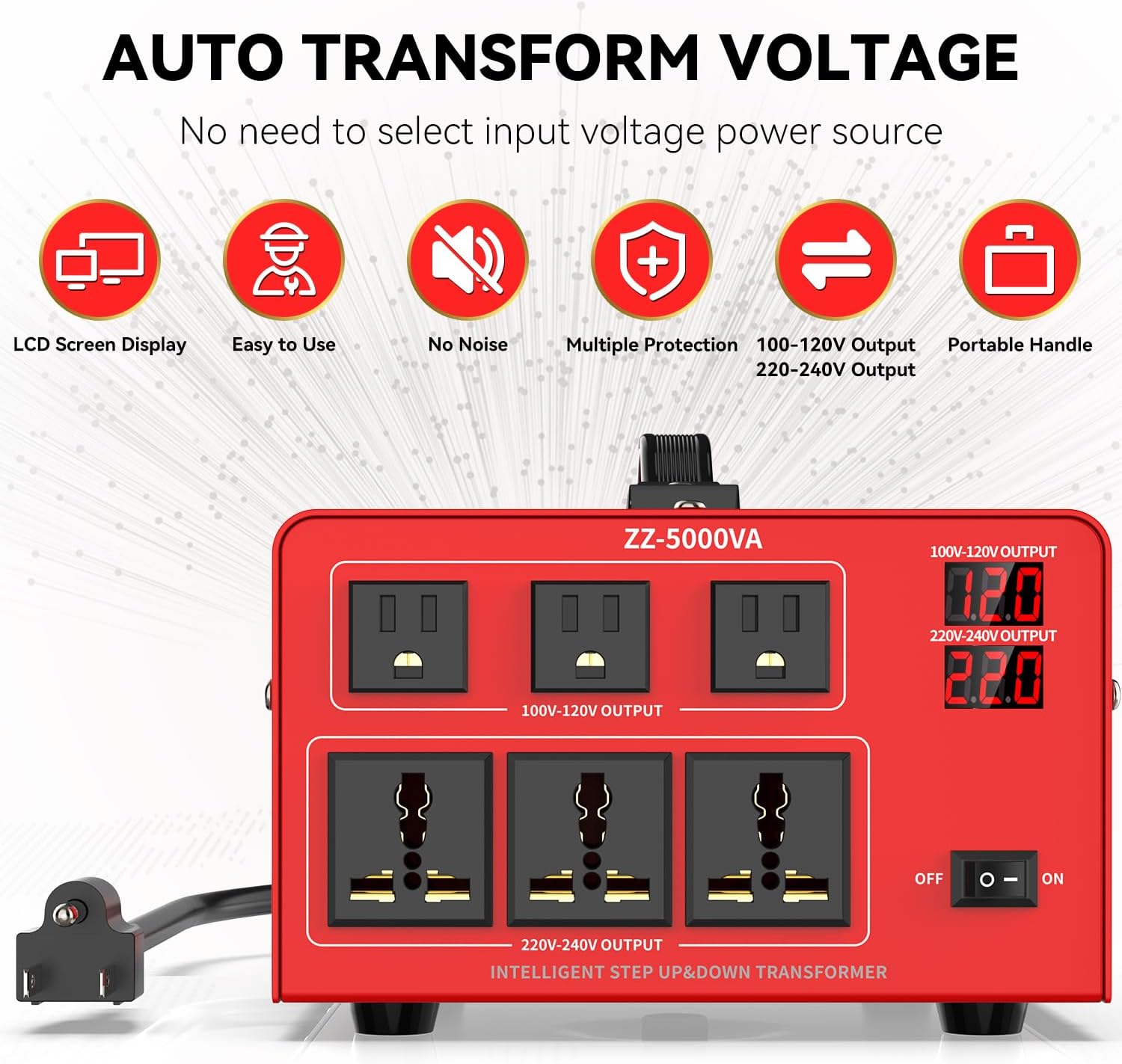 5000W Heavy Duty Voltage Converter Transformer – Step Up 110V to 220V & Step Down 220V to 110V, Auto Input Recognition, 3 US & 3 Universal Outlets, LCD Display, Circuit Breaker for Travel & Home