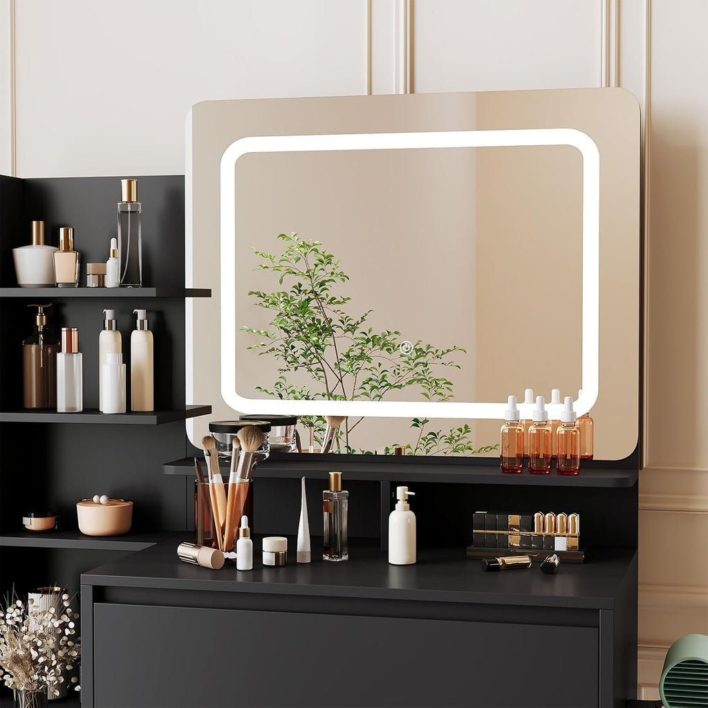 Vanity Desk With Mirror and LED Lights, 36-Inch Makeup Vanity Desk, Power Outlet, USB Ports, Stool, 3 Color Adjustable Light, Dressing Table With 4 Drawers, Storage Shelves for Bedroom, Women, Black