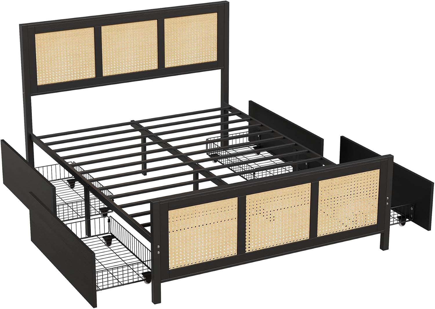 GarveeHome Black Rattan Bed Frame with Headboard, Boho Cane Platform Queen Bed Frame with 4 Drawers, Strong Metal Slats Support, Noise Free, No Box Spring Needed