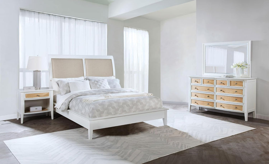 Coaster Home Furnishings Bexhill Farmhouse 4-Piece Bedroom Set Fabric Linen-Like Upholstered Eastern King Size Panel Bed Frame 56-inch Headboard White 223471KE-S4
