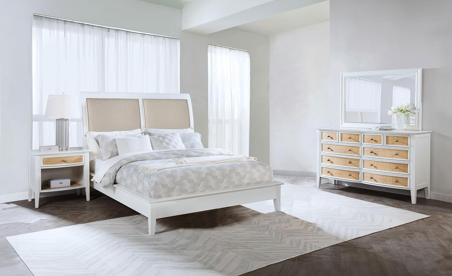 Coaster Home Furnishings Bexhill Farmhouse 4-Piece Bedroom Set Fabric Linen-Like Upholstered Eastern King Size Panel Bed Frame 56-inch Headboard White 223471KE-S4