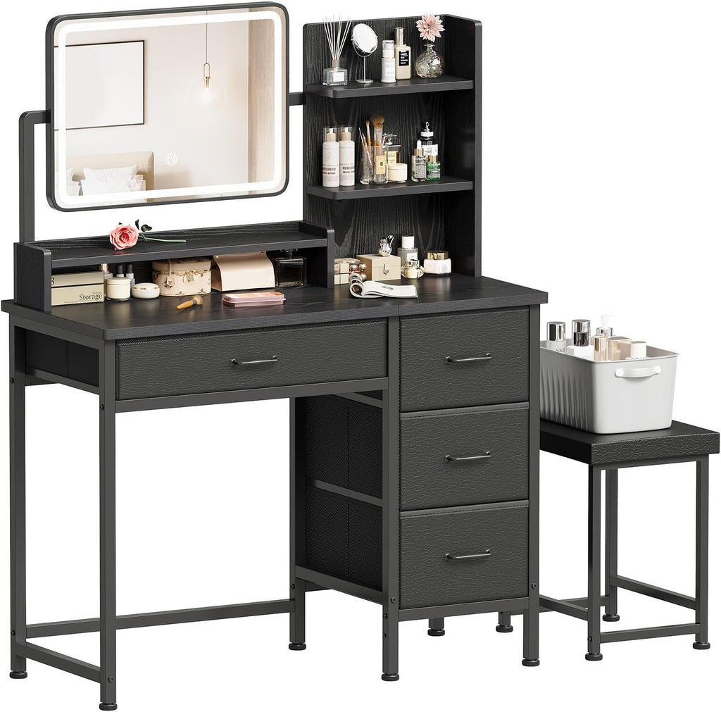 YeTom Vanity Desk with Mirror and Lights, Makeup Vanity Desk with 4 Fabric Drawers & Storage Shelves & Side Table, 3 Color Modes & Adjustable Brightness, Black Vanity, Bedroom Furniture