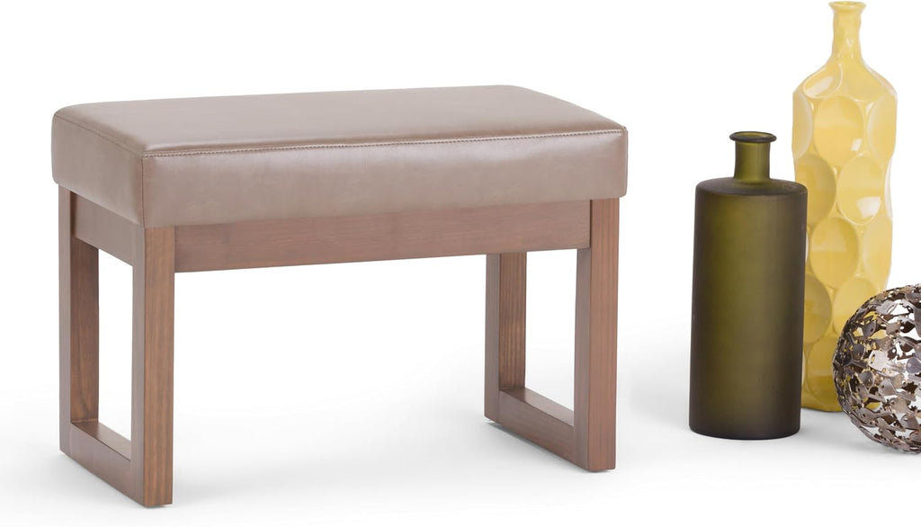 SIMPLIHOME Milltown Small Ottoman Bench - 27' Wide x 18' High Upholstered Vegan Leather Rectangle Footstool Ottoman in Ash Blonde, Contemporary Bench for Living Room with Cushioned Seat, Assembled