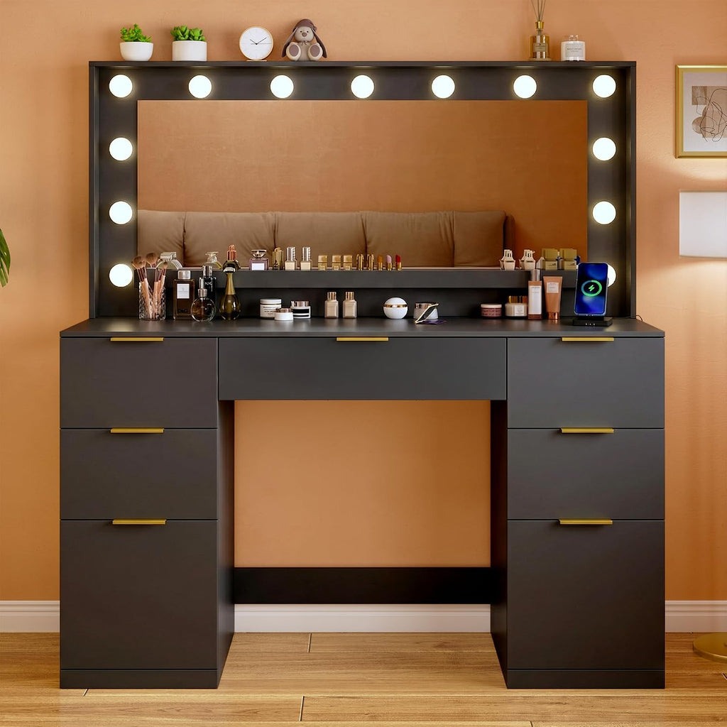 ALEXNUTRE Vanity Desk with Mirror and Lights, 45.3in Makeup Vanity with 7 Drawers & Large Mirror, Vanity with 3-Color Adjustable Lighting & Charging Station, Make Up Vanity for Bedroom