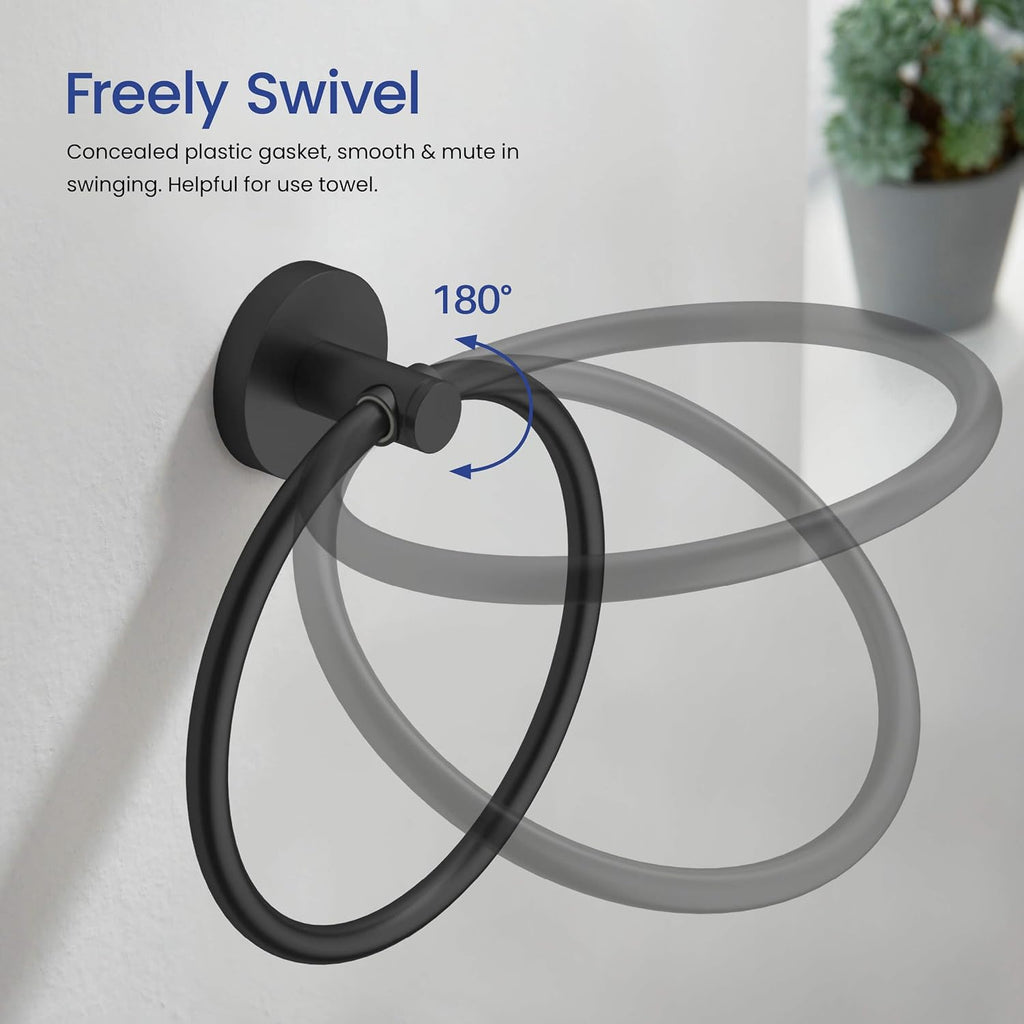KIBI Circular Bathroom Hardware Set 5 Piece Bathroom Accessories Set | Towel Bar (18'), Towel Ring, Toilet Paper Holder, Robe Hooks (Matte Black) (C-KBA14-5-4)