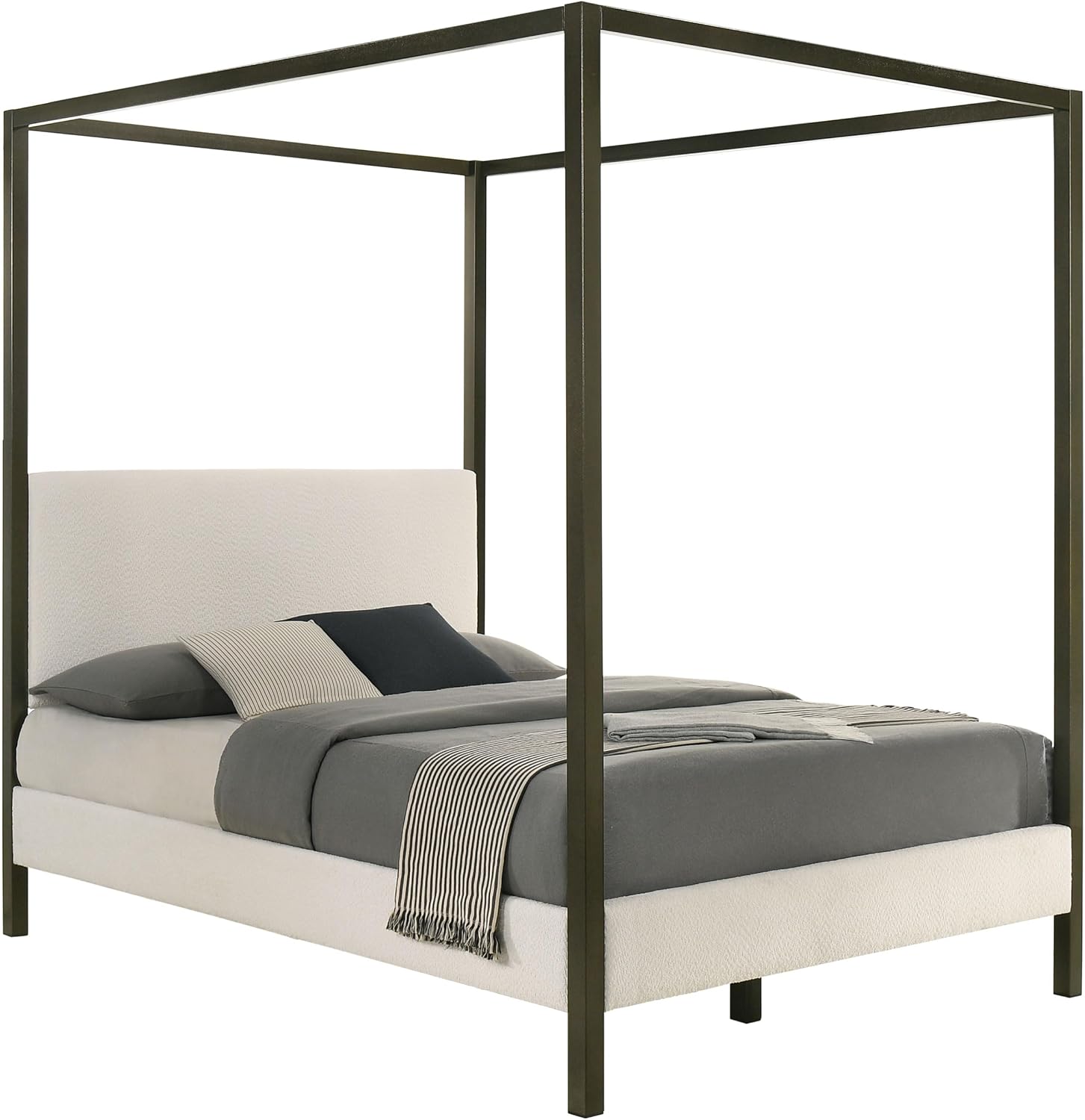 Coaster Home Furnishings - Monroe - Wood - Upholstered Canopy Bed with Four-Post Metal Frame, Padded Headboard and Transitional Style - Bedroom - Queen Size - Vanilla - 300834Q