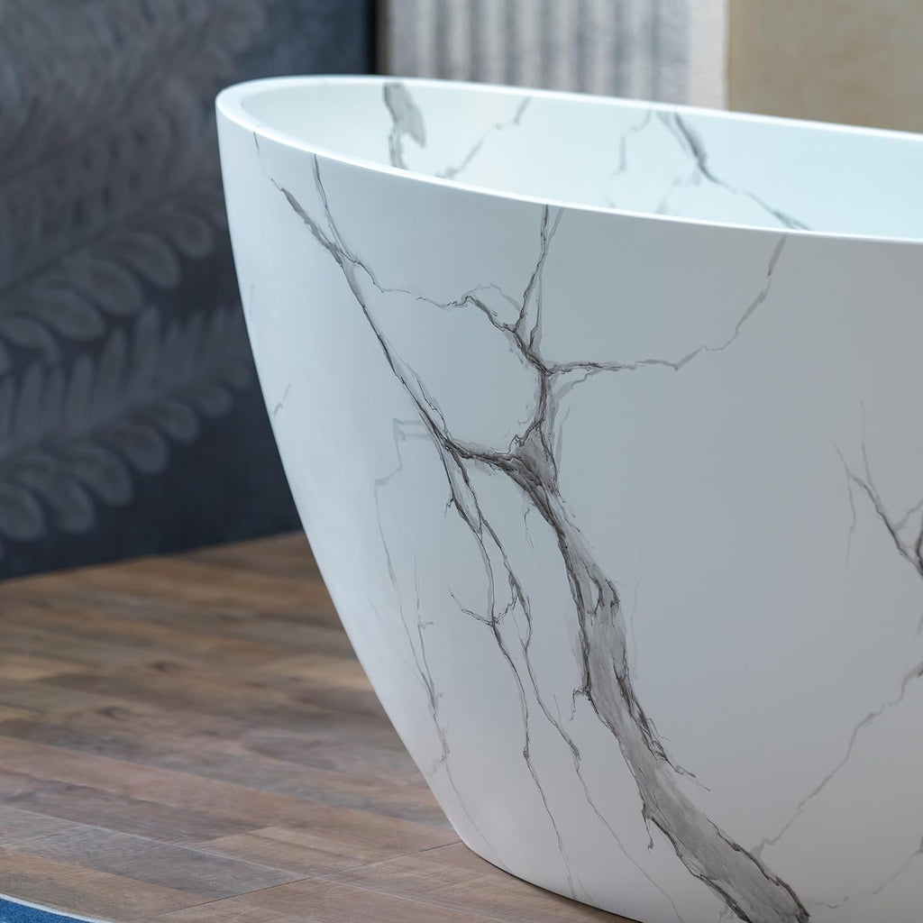 WOODBRIDGE 69' Marble-Pattern Stone Resin Freestanding Soaking Tub, Modern Oval Solid Surface Bathtub with Integrated Slotted Overflow & Drain, Matte Finish, CST0715