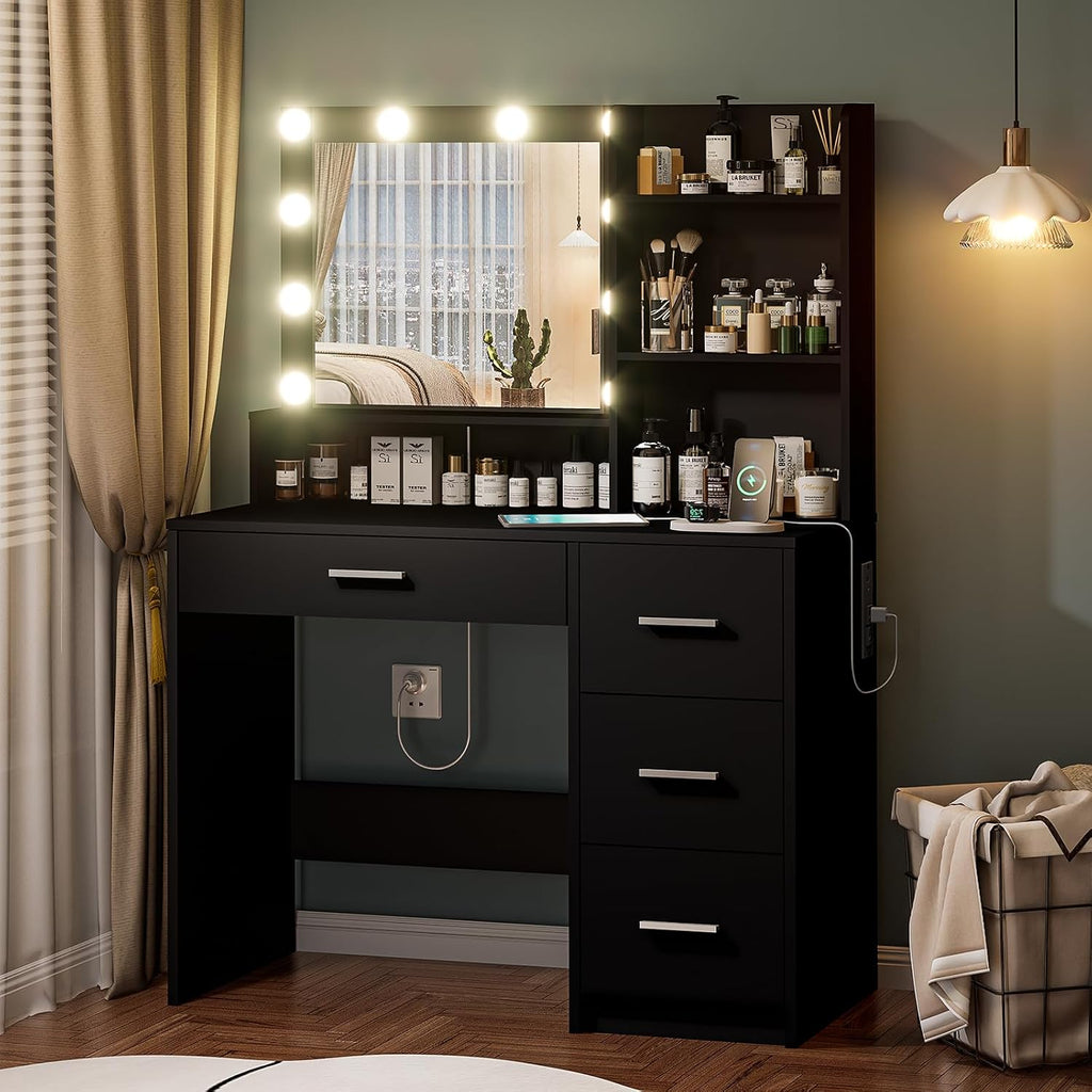 DINGIPP Vanity Desk with Lighted Mirror and Charging Station, Makeup Vanity with 4 Drawers & Storage Shelves,Makeup Desk 3 Color Lights Modes Available, Bedroom Dressing Table for Women, Girls