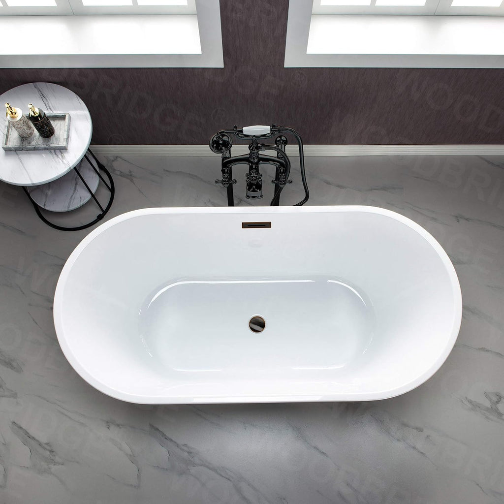 WOODBRIDGE 59'Freestanding White Acylic Soaking Bathtub with White Pillow,Drain and Overflow inORB,BTA1536 -ORB-Drain &O+ Pillow