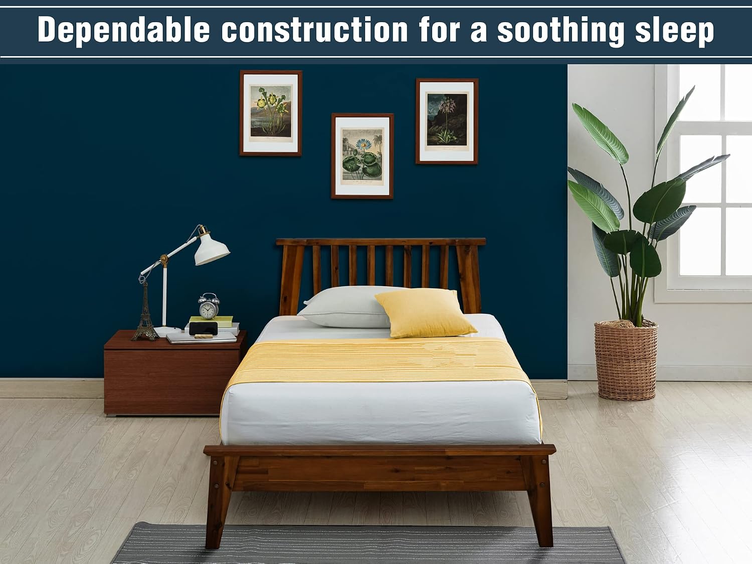 A ACACIA FURNITURE Kaylin Wooden Bed Frame with Headboard, Solid Wood Platform Bed with Wood Slat Support, No Box Spring Needed, Twin, Chocolate, 14 Inch, V1