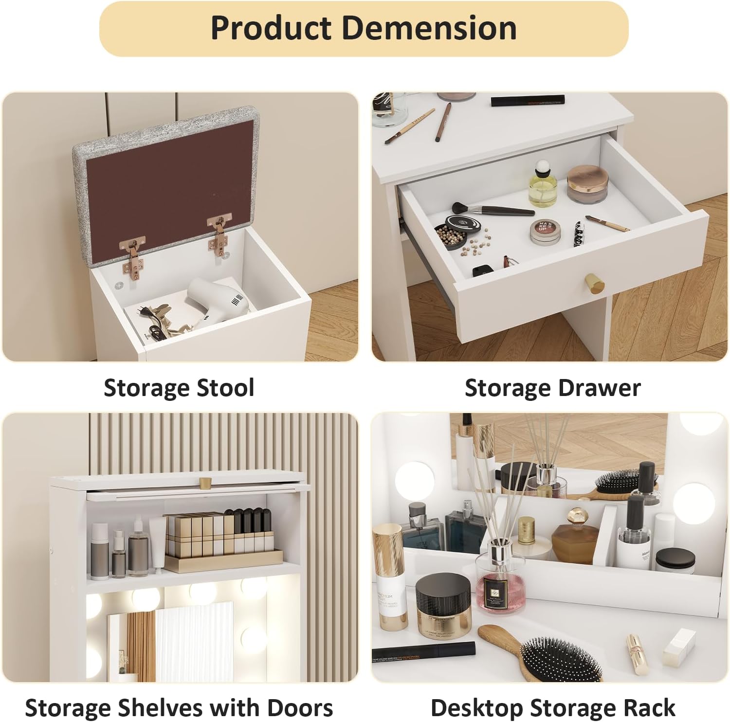 ARTETHYS Small Vanity Desk with Mirror and Lights White Small Makeup Vanity with Storage Chair Mini Makeup Table Set for Bedroom Compact Dressing Table with RGB Lights for Tiny Space