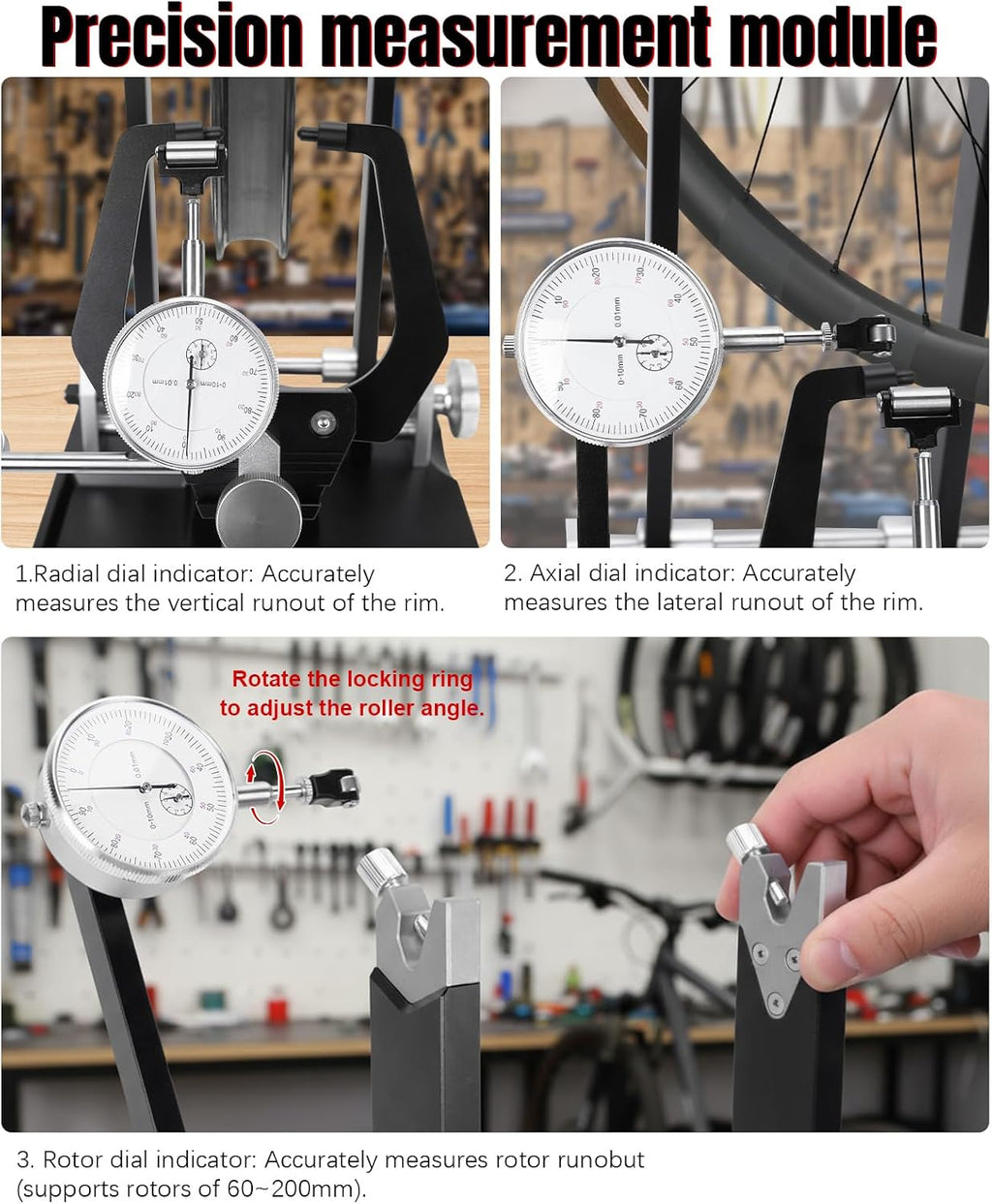 Wheel Truing Stand with Precision Dial Indicators Bike Repair Truing Bearing Stand with Tool Holder for Wheel Alignment and Disc Rotor Check