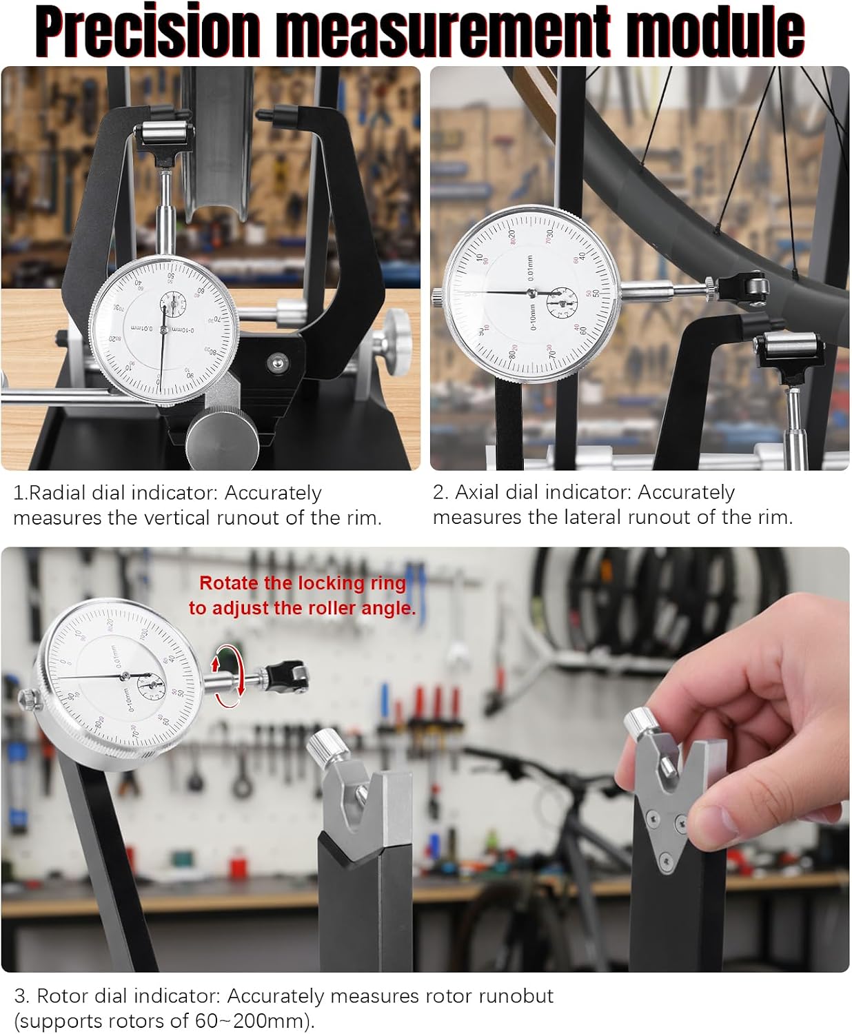 Wheel Truing Stand with Precision Dial Indicators Bike Repair Truing Bearing Stand with Tool Holder for Wheel Alignment and Disc Rotor Check