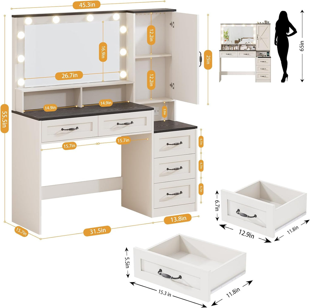 Farmhouse Vanity Desk with Mirror and 10 Led Lights, 45.3 ' Large Makeup Vanity Table with Power Outlet, 5 Drawers and 1 cabinet, Vanity Set Dressing Table with 9 Hooks for Women Girls (White+Black)
