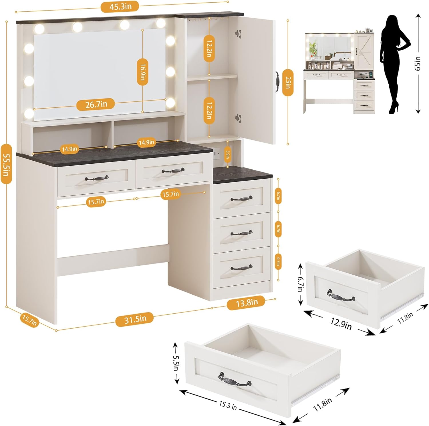 Farmhouse Vanity Desk with Mirror and 10 Led Lights, 45.3 ' Large Makeup Vanity Table with Power Outlet, 5 Drawers and 1 cabinet, Vanity Set Dressing Table with 9 Hooks for Women Girls (White+Black)