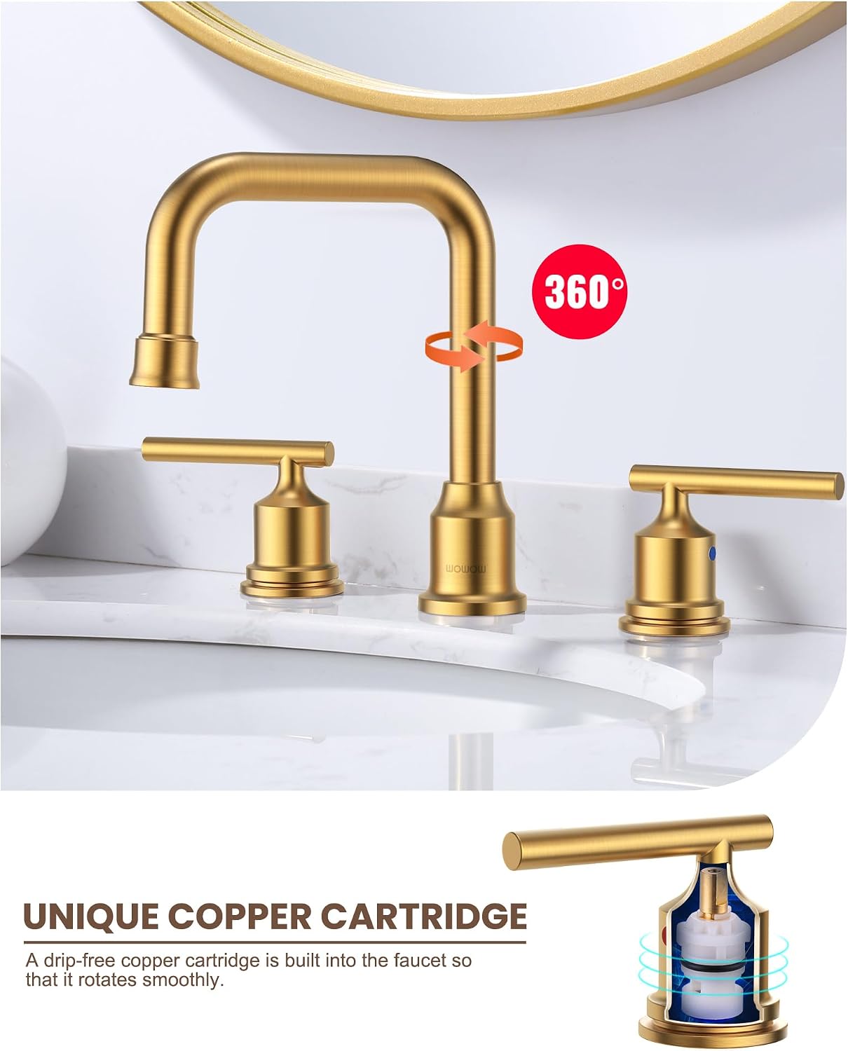 Brushed Gold Bathroom Faucet Set: WOWOW Widespread Bathroom Sink Faucet 3 Hole with Pop-up Drain and Supply Lines, 8 Inch Vanity Taps 3 Pieces Basin Tap 2 Handle Modern (Set of 2)