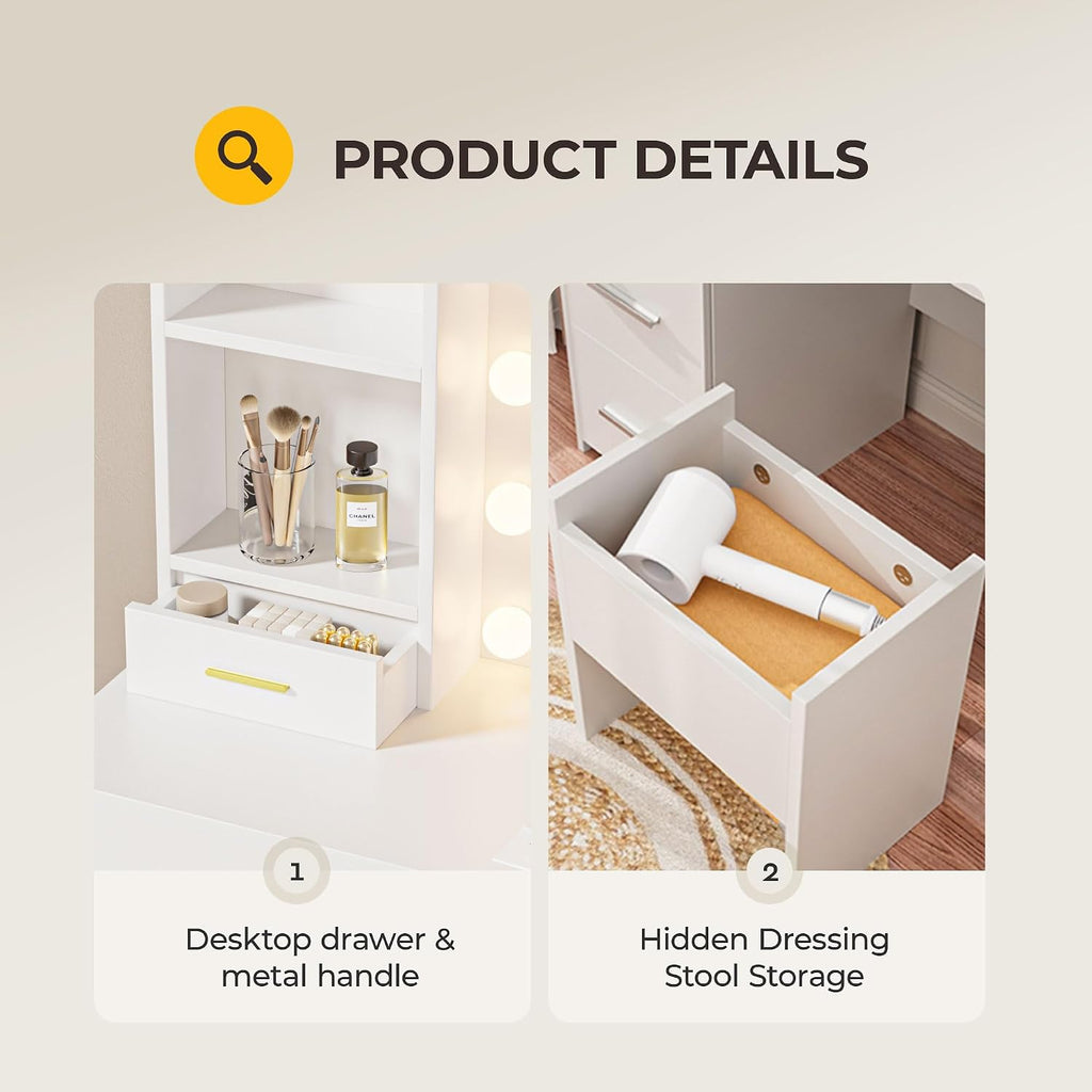 Otterease Vanity Desk with LED Lighted Mirror&Power Outlet, 3 Lighting Colors Makeup Vanity Desk with 5 Large Drawers and 3 Storage Shelves, White Vanity with Storage Stool for Bedroom