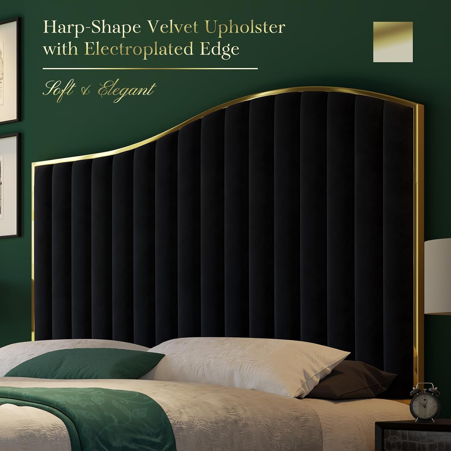 HOWE Queen Size Harp Bed Frame with 61.4' Extra Tall Curved Headboard, Velvet Upholstered Platform Bed with Gold Trim Accented Footboard, No Box Spring Needed, Wooden Slat Support, Black