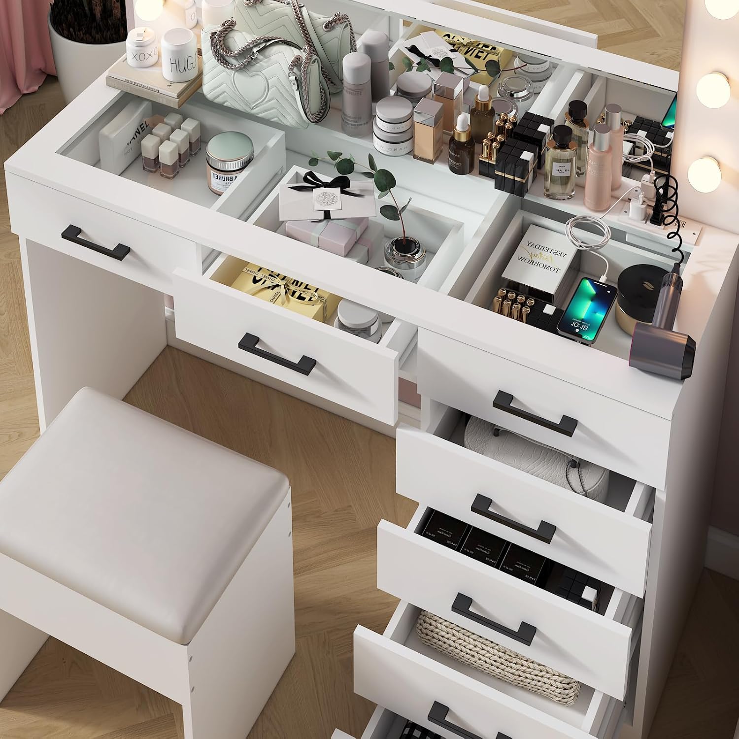 VINGLI Makeup Table with Large Mirror and 12 LED Light Bulbs, Vanity Desk Set with Padded Stool & 7 Drawers, Dressing Table with Glass Top & Charging Station for Dressing Room Bedroom, White