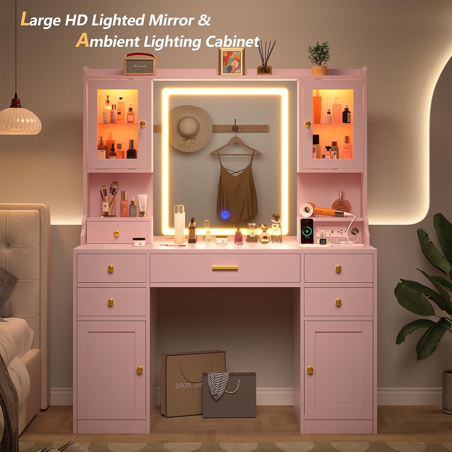 CSZZD Vanity Desk with LED Lighted Mirror, 41.3' Makeup Vanity Table with Power Outlet and 6 Drawers & Storage Shelves for Bedroom, Dressing Table with RGB Cabinets, Pink