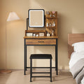 YeTom Makeup Vanity Desk with Mirror and Lights, Small Vanity with Fabric Storage Drawer & Chair & Shelves, Rustic Brown Compact Makeup Vanity Set for Bedroom