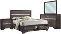 Benjara Po Four PC Queen Size Silver Accented Solid Wood Bedroom Set-Gray-Brown