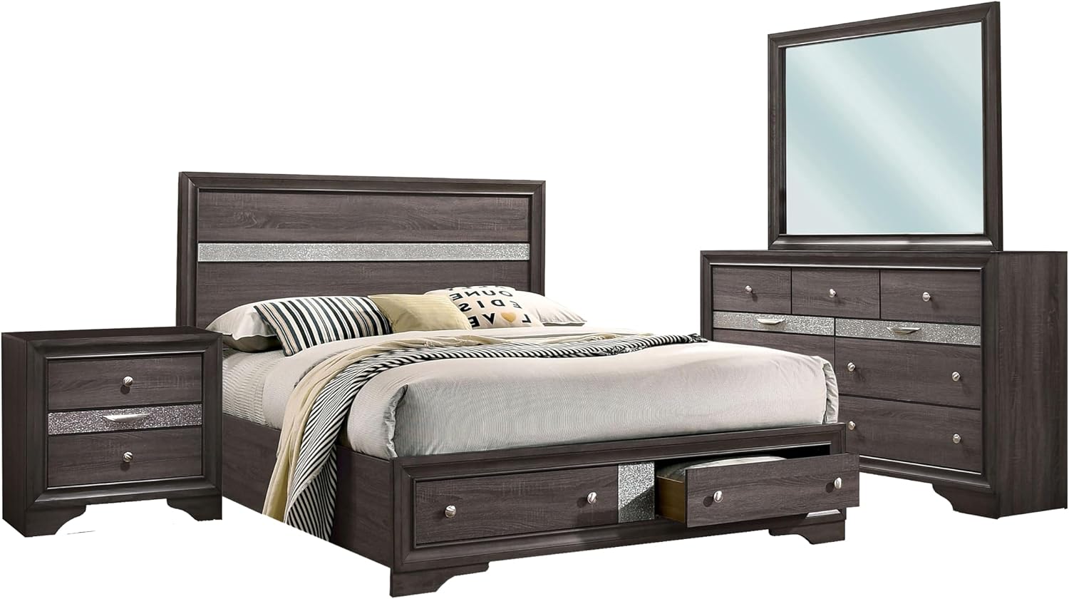 Benjara Po Four PC Queen Size Silver Accented Solid Wood Bedroom Set-Gray-Brown
