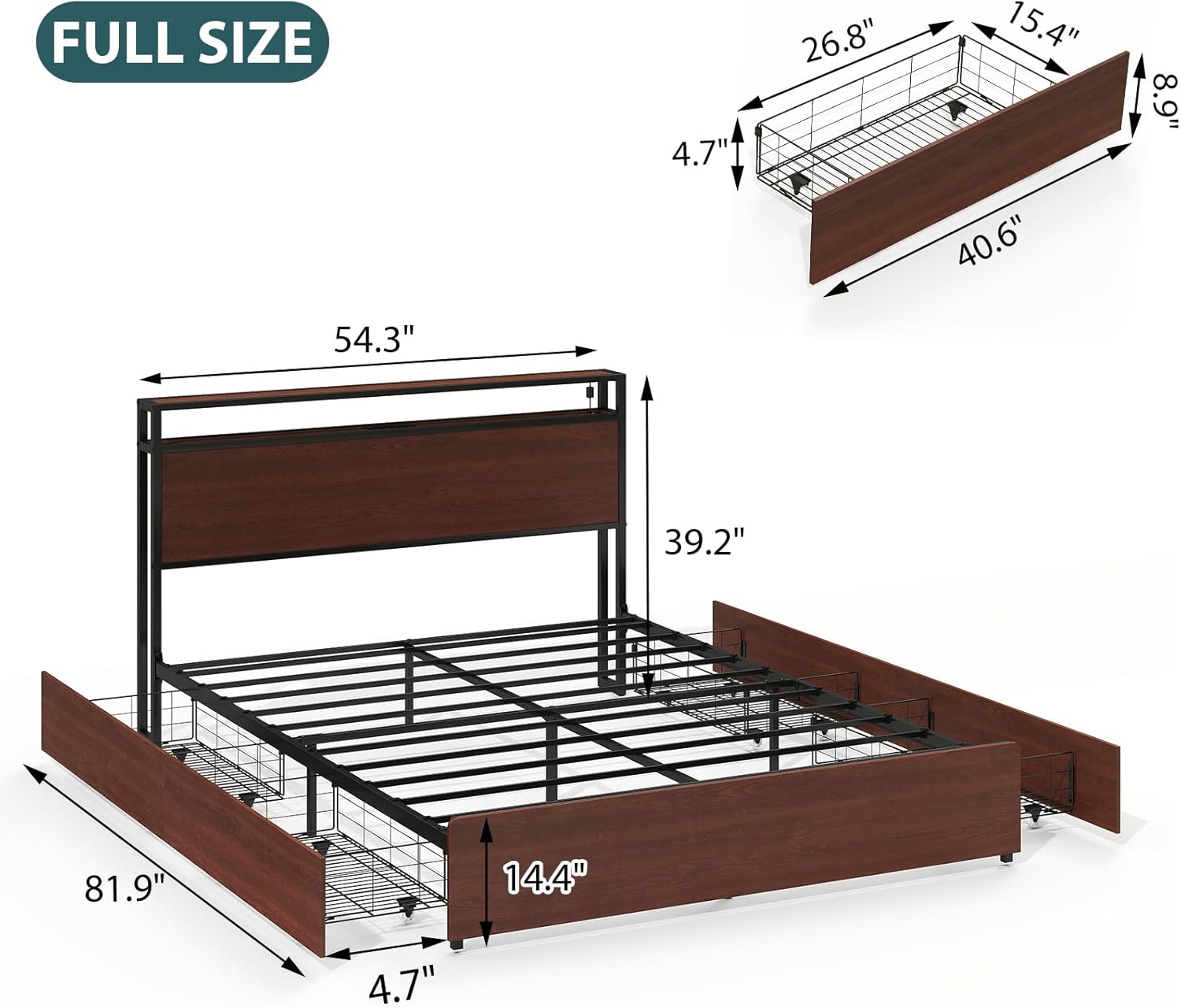 Zevemomo Full Bed Frame with 4 Storage Drawers, Full Size Platform Bed Frame with Headboard, Built-in Charging Station & LED Lights, No Box Spring Needed