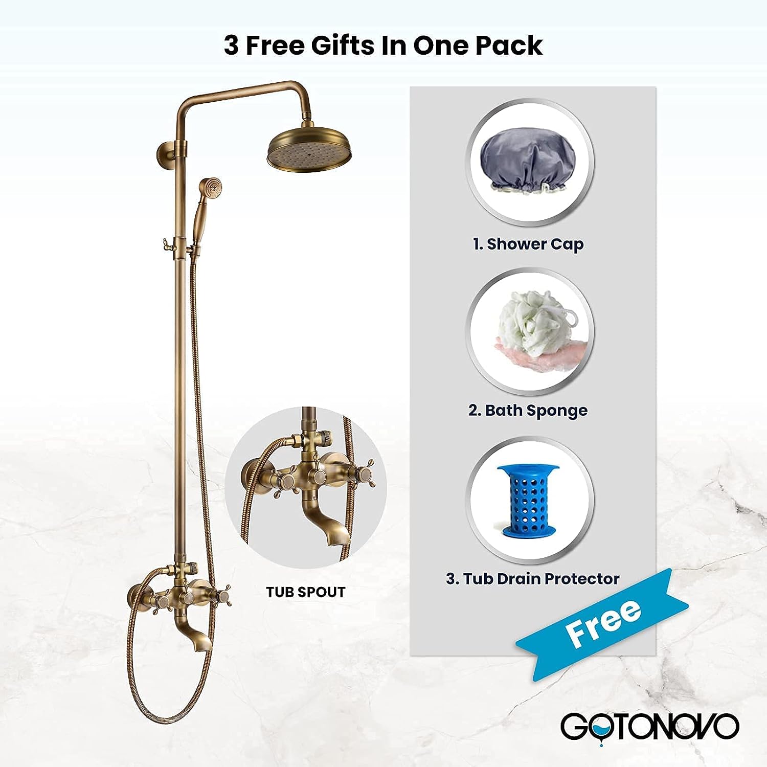 gotonovo Antique Brass Shower Fixture 8' Rainfall Shower Head Handheld Spray Dual Knobs 3 Function Antique Brass 8' Widespread Bathroom Faucet 3 Hole 2 Cross Handle Pop Up Drain with Overflow