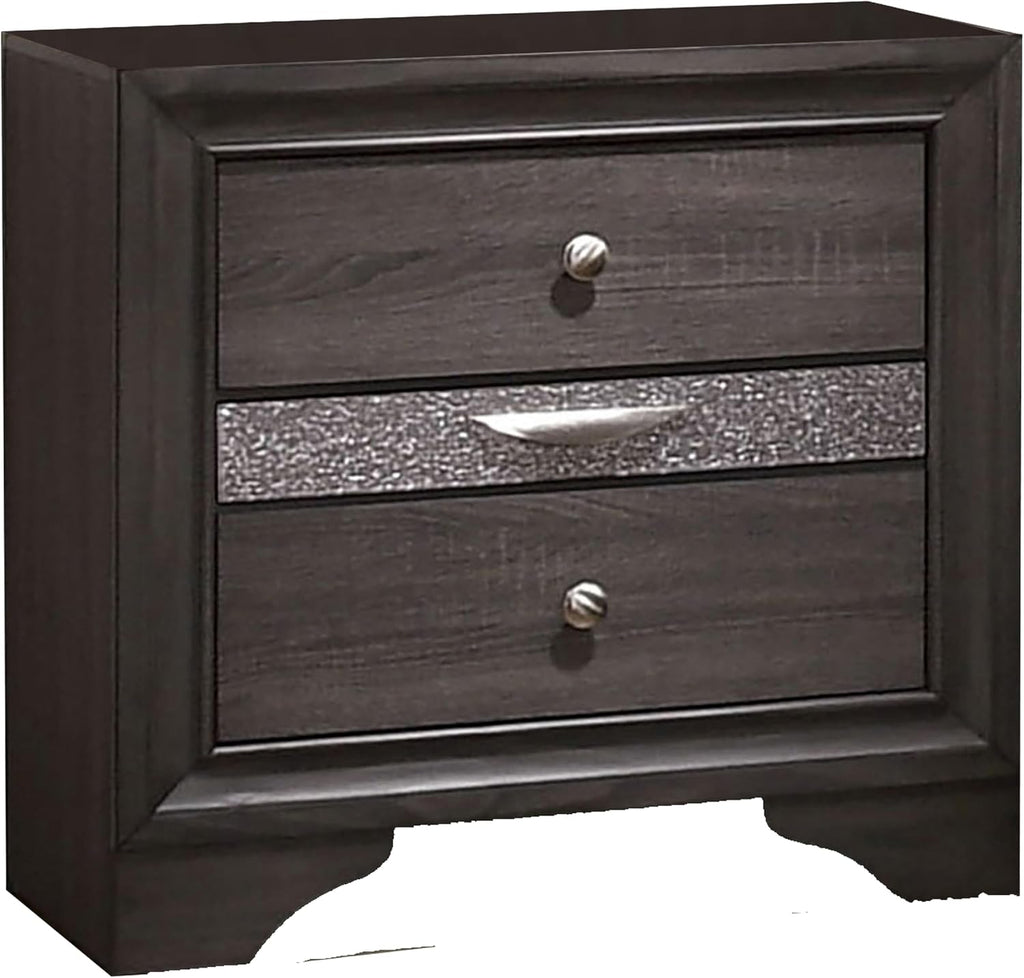 Benjara Po Four PC Queen Size Silver Accented Solid Wood Bedroom Set-Gray-Brown