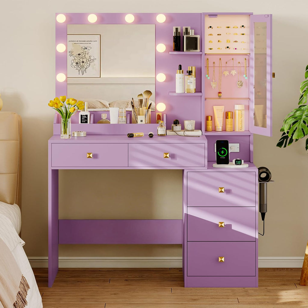 Xixini Vanity Desk with Mirror and Lights, Makeup Vanity Table Set with 5 Storage Drawers, Power Outlet, Small Dressing Table with RGB Ambient Light, Adjustable Brightness for Girls Bedroom, Purple