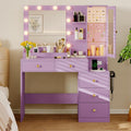 Xixini Vanity Desk with Mirror and Lights, Makeup Vanity Table Set with 5 Storage Drawers, Power Outlet, Small Dressing Table with RGB Ambient Light, Adjustable Brightness for Girls Bedroom, Purple