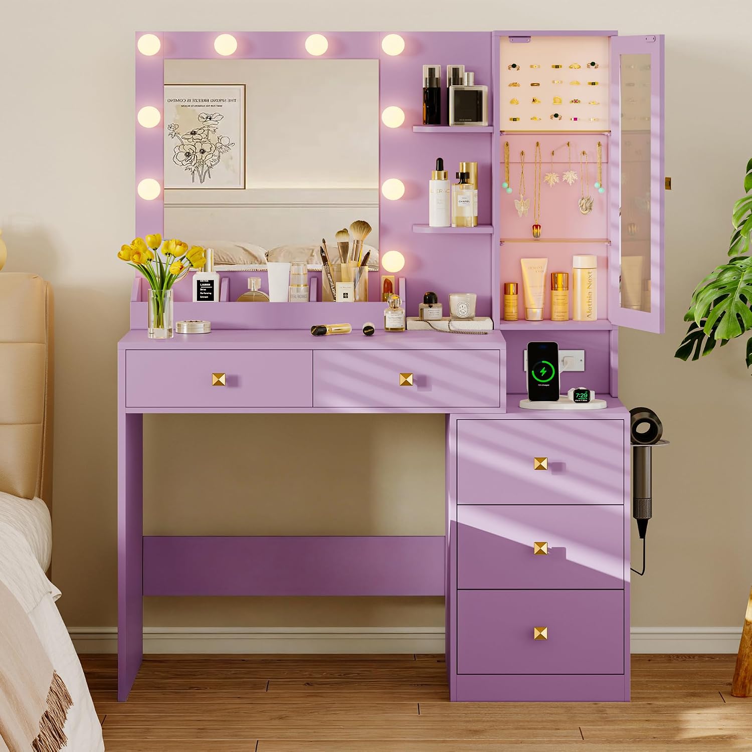 Xixini Vanity Desk with Mirror and Lights, Makeup Vanity Table Set with 5 Storage Drawers, Power Outlet, Small Dressing Table with RGB Ambient Light, Adjustable Brightness for Girls Bedroom, Purple