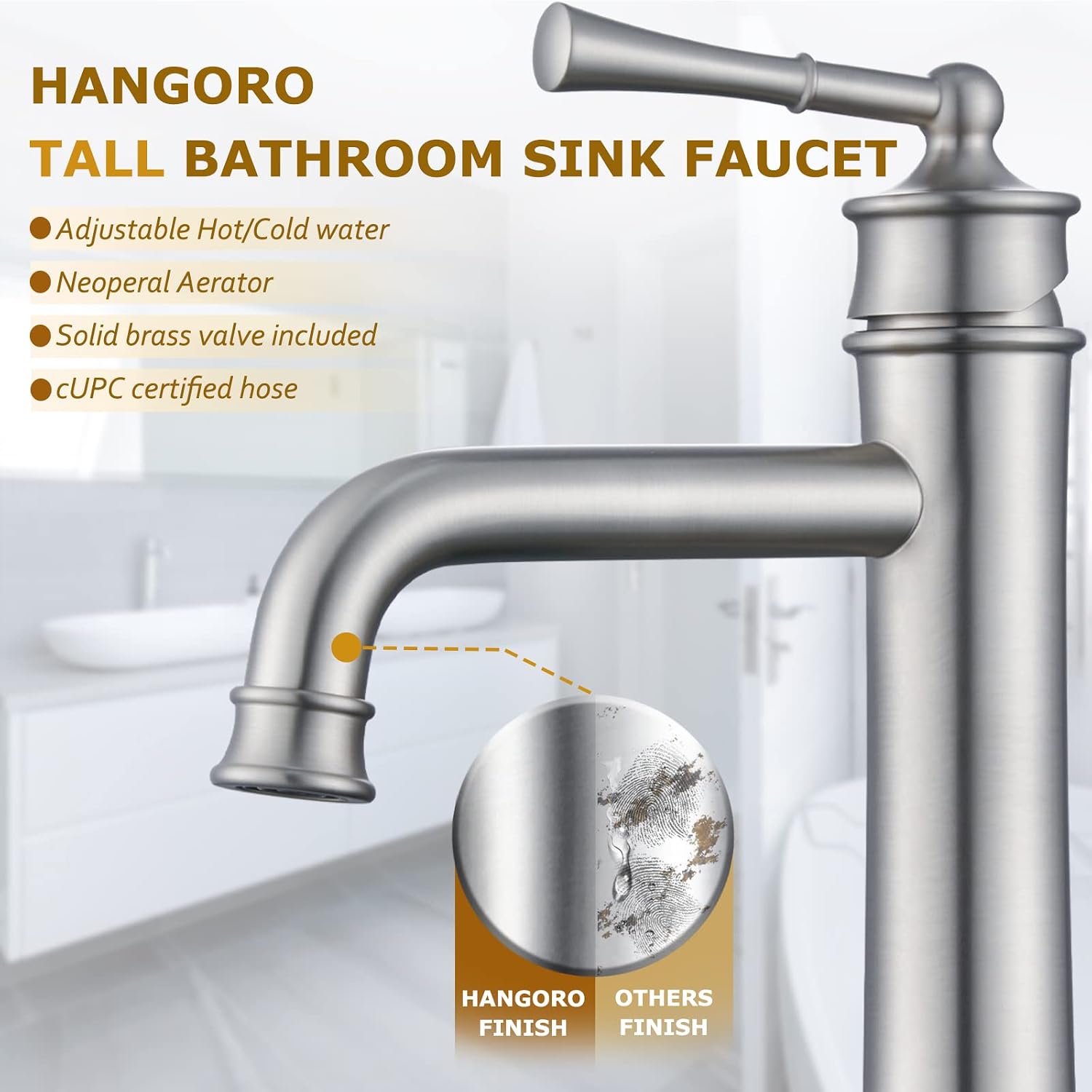 Tall Bathroom Faucet Brushed Nickel, Antique Design, Single Handle, 1 Hole Sink Mount, Pop Up Drain & Supply Lines Included, Ideal for Vessel, Vanity, Lavatory, RV, Farmhouse (L2302-BN)