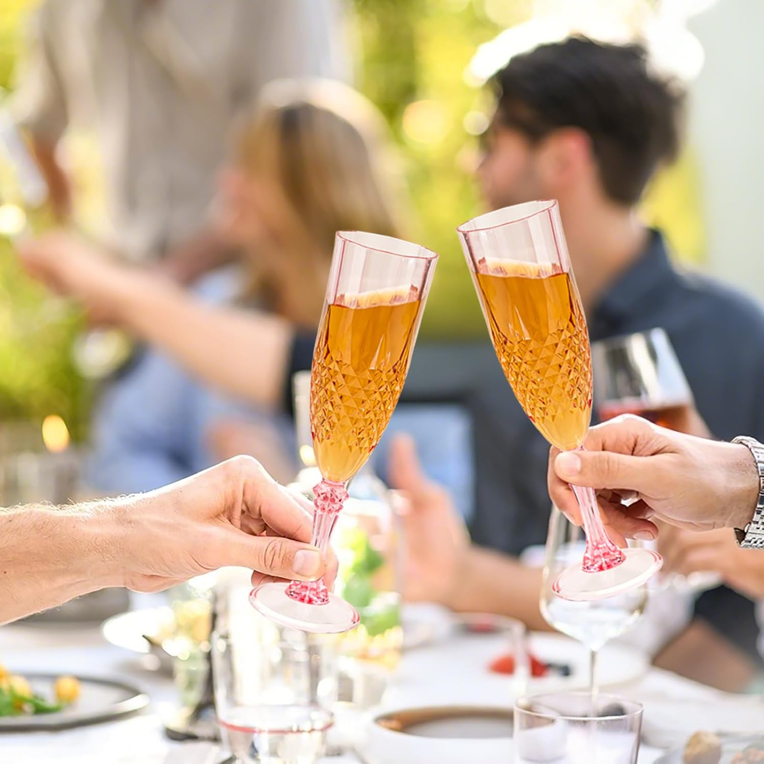 100PCS Plastic Champagne Flutes,7.1Oz Acrylic Pink Wine Glasses Goblets Reusable Drinking Champagne Glasses for Wedding ,Shatterproof and Disposable Cups Plastic Goblets Grand Event Party Supplies