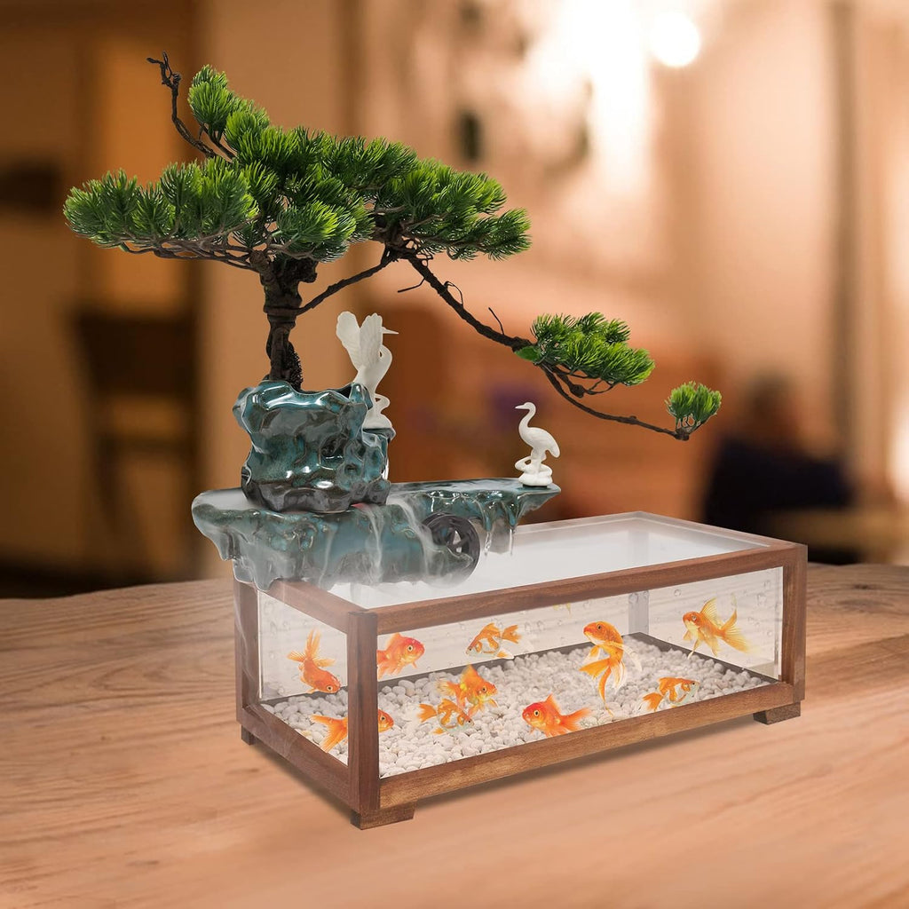 Indoor Outdoor Artificial Landscape Tabletop Water Fountain,Chinese Zen Style Crane Waterfall Fish Tank with LED Light and Mist，Home Office Feng Shui Decor for Good Luck Wealth