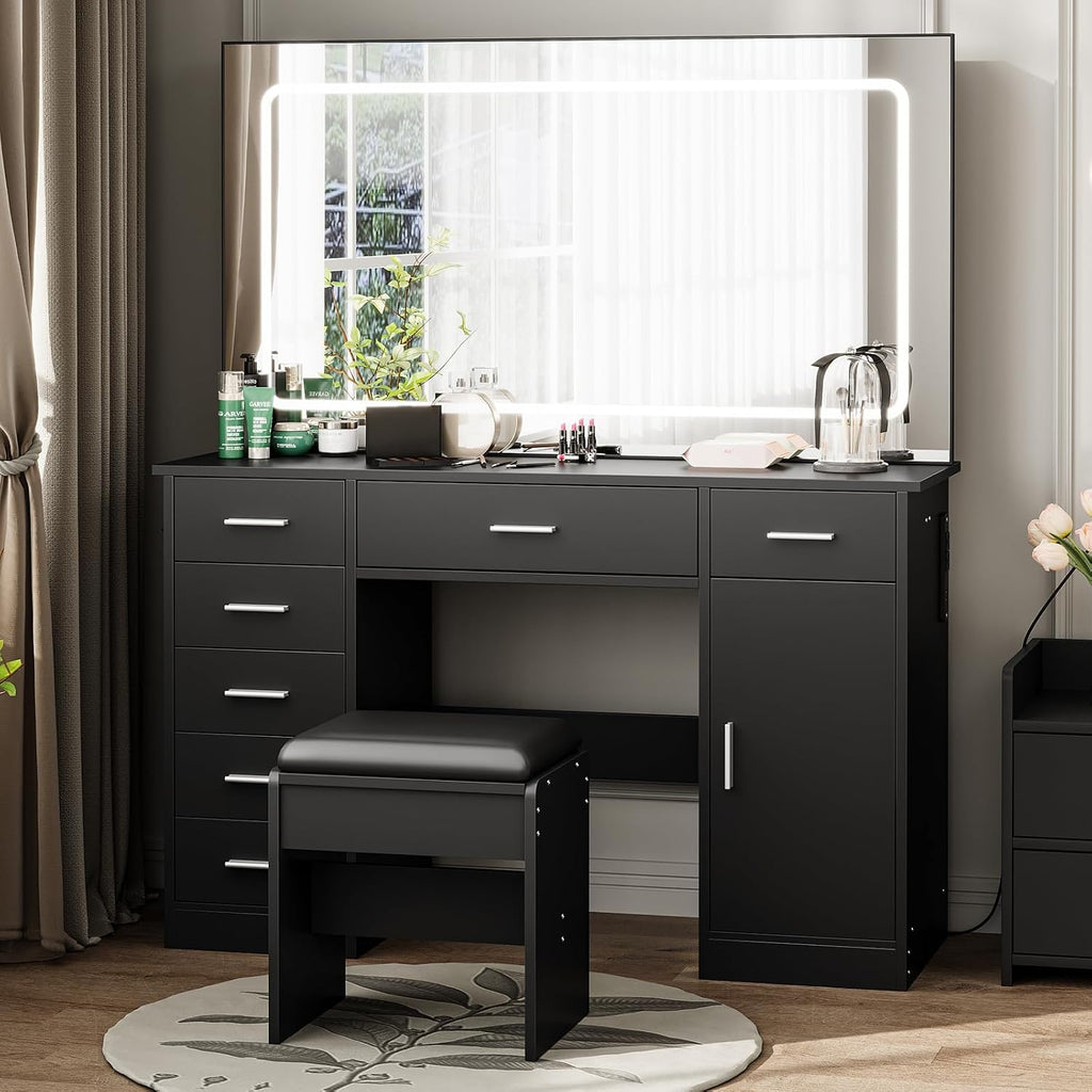 IDEALHOUSE Vanity Desk with Mirror and Lights, White Makeup Vanity with 7 Drawers, 3 Light Mode and Brightness Adjusted, Dressing Table with Hairdryer Holder for Bedroom