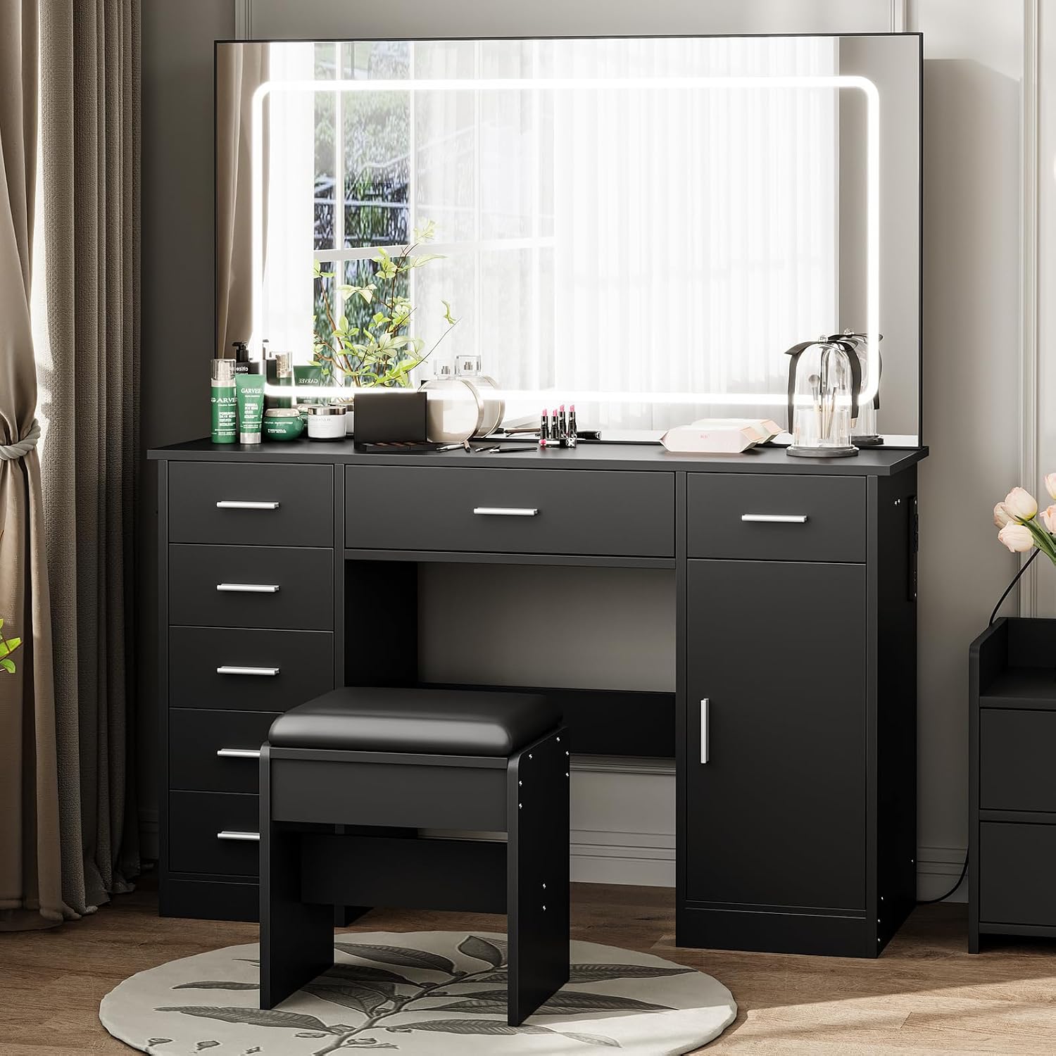 IDEALHOUSE Vanity Desk with Mirror and Lights, White Makeup Vanity with 7 Drawers, 3 Light Mode and Brightness Adjusted, Dressing Table with Hairdryer Holder for Bedroom