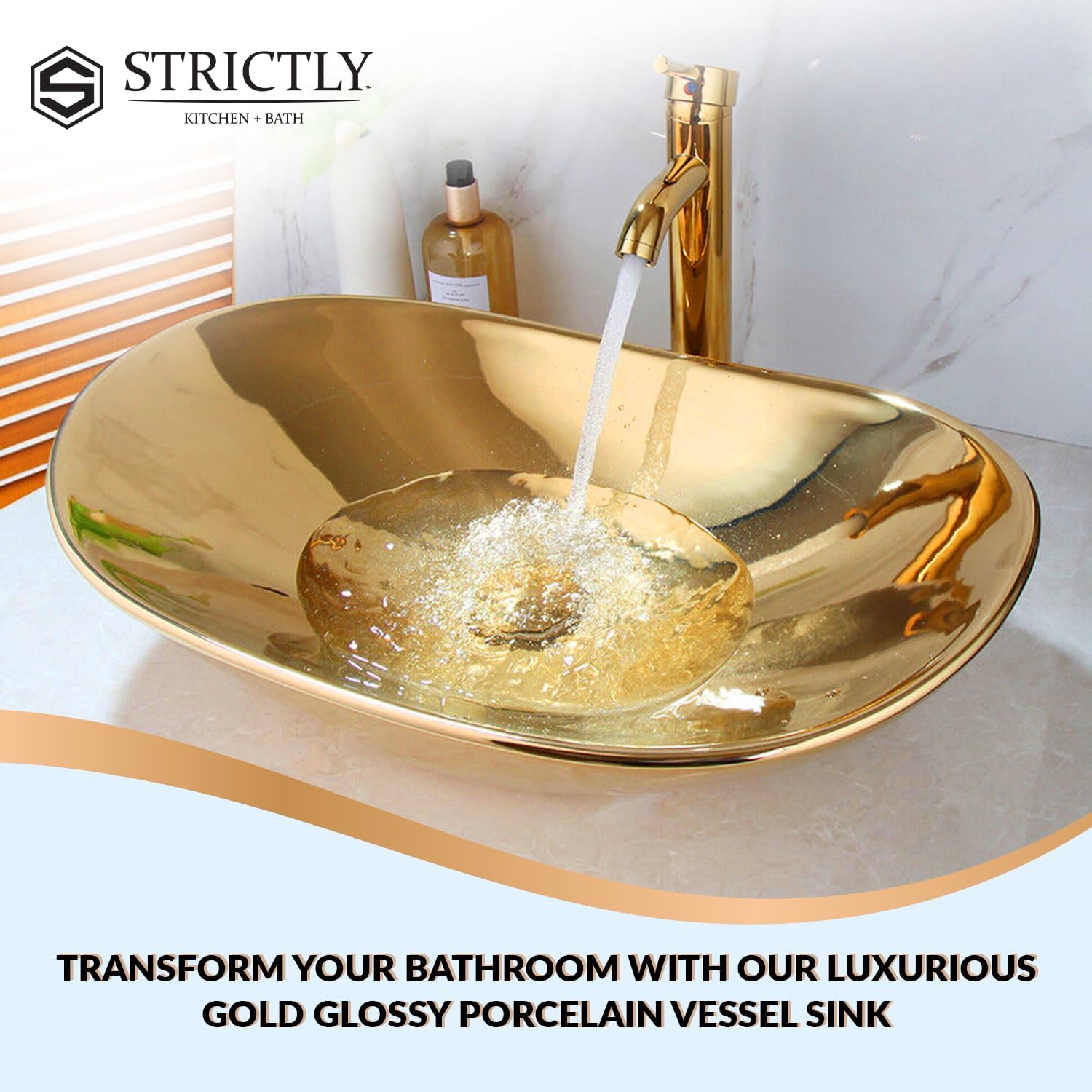 Strictly Sinks 22 Inch Gold Vessel Sink – Gold Glossy Ceramic Countertop Bathroom Sink – Easy to Install Above Counter Luxurious Vessel Sink for Bathroom